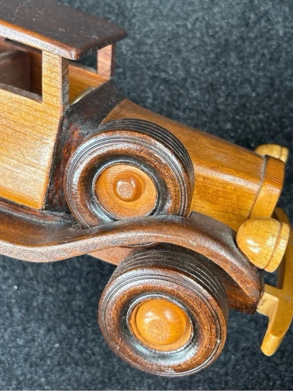 Vintage Handmade Wooden Model T Sedan Car: Two-Tone Artisan Folk Art Toy